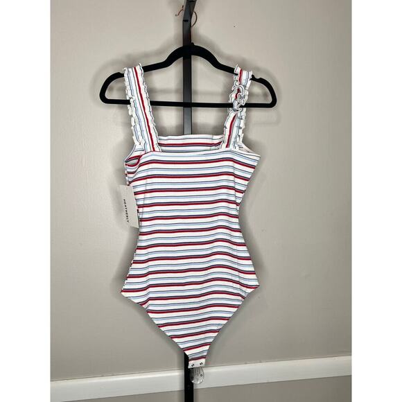 Heatherly Raina Striped Ruffle Strap Knit Bodysuit Multi Women's Size LP NWT - Picture 6 of 9